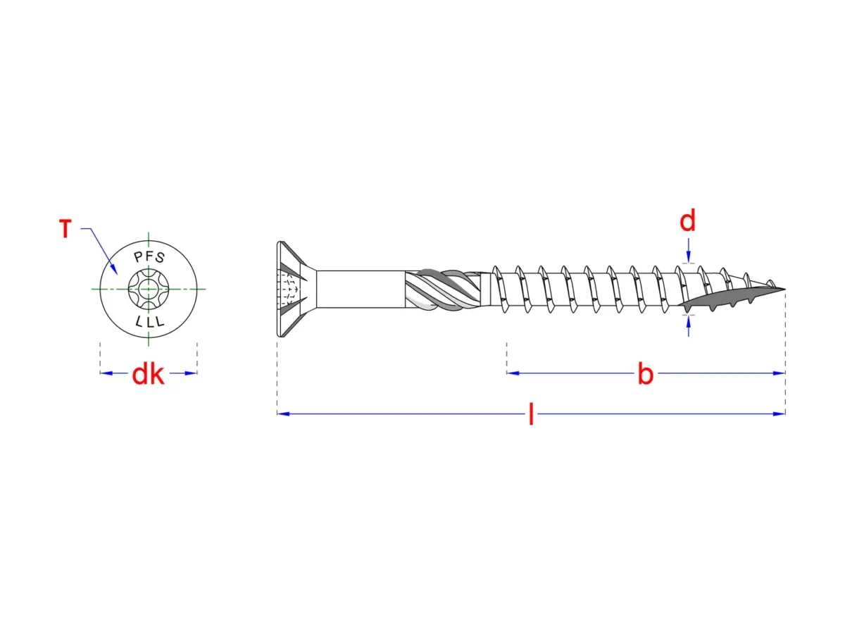 Maatschets houtconstructieschroef verzonken kop torx T40 8,0 x 280 mm met kop-, draad- en lengtematen