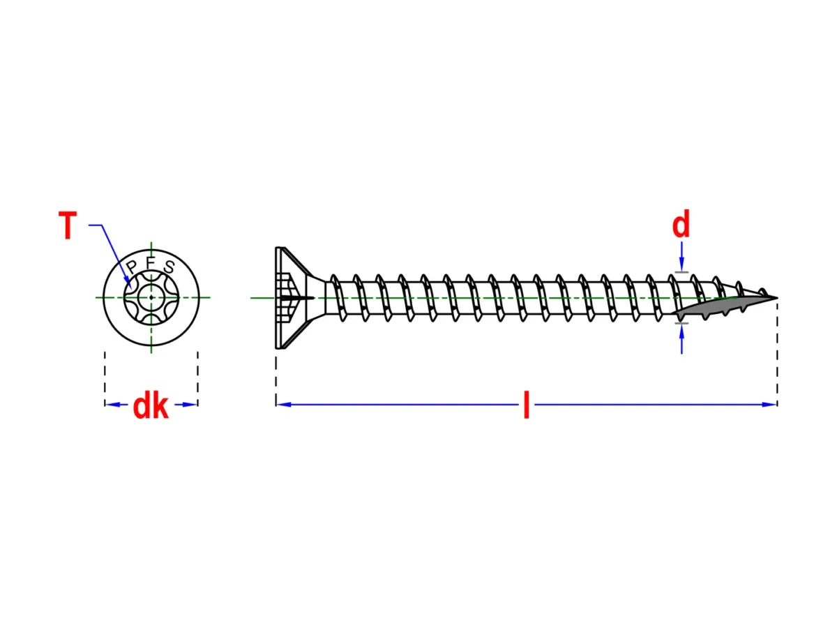 Maatschets houtschroef verzonken kop torx T20 3,5 x 20 mm met kopdiameter en lengte
