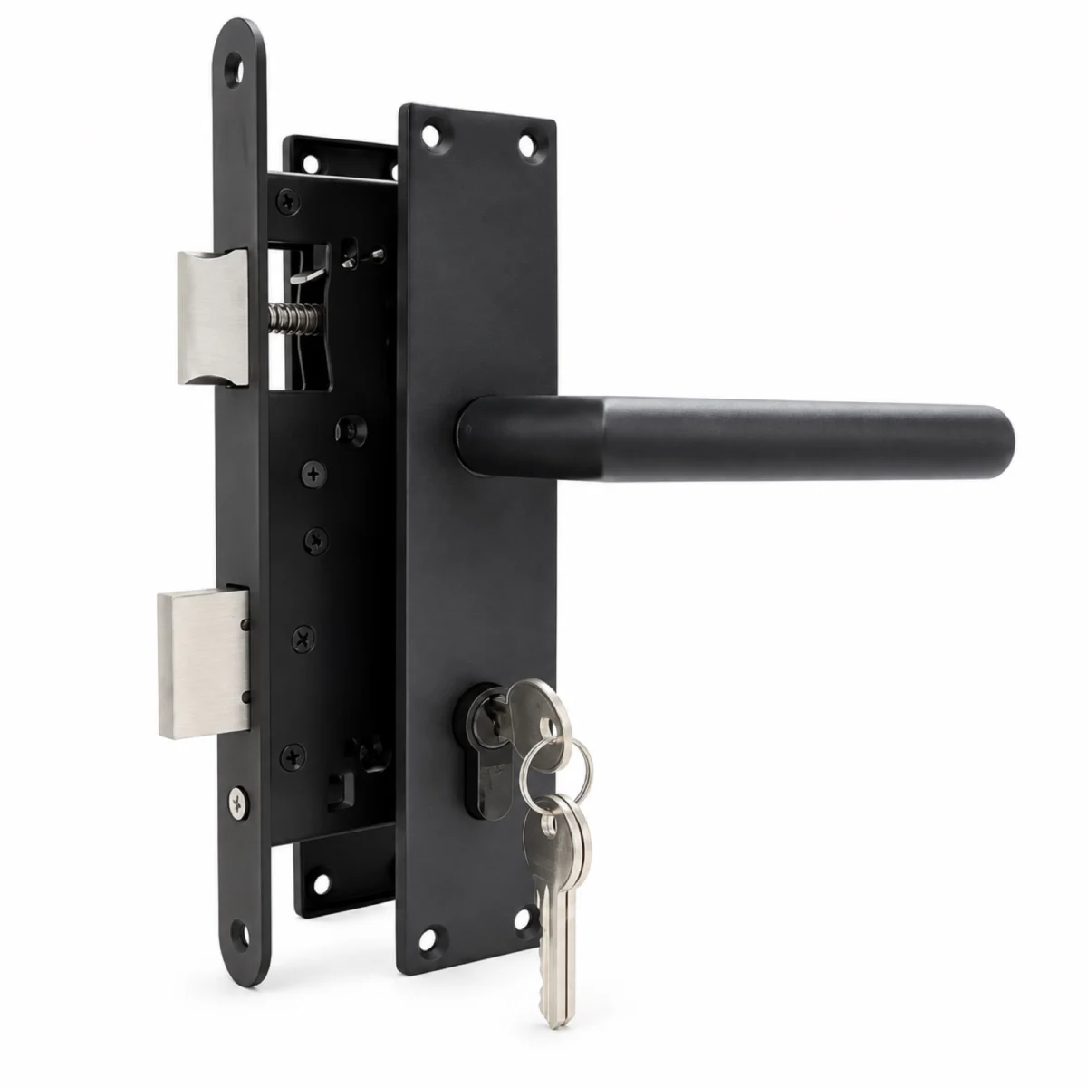 Zwarte slotset voor tuindeur 72 x 165 mm met kruk, insteekslot en twee sleutels